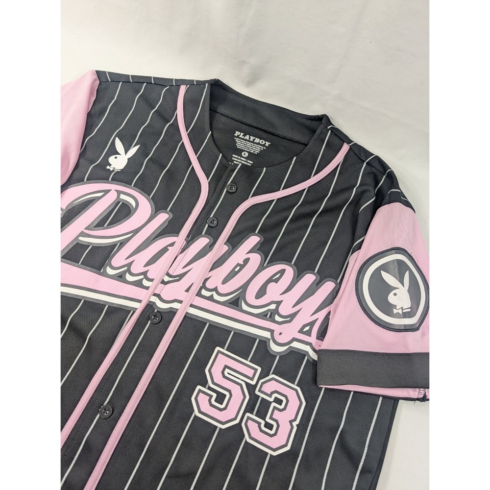Playboy Magazine Black & Pink Striped Baseball Jersey '53 Unisex Size Large